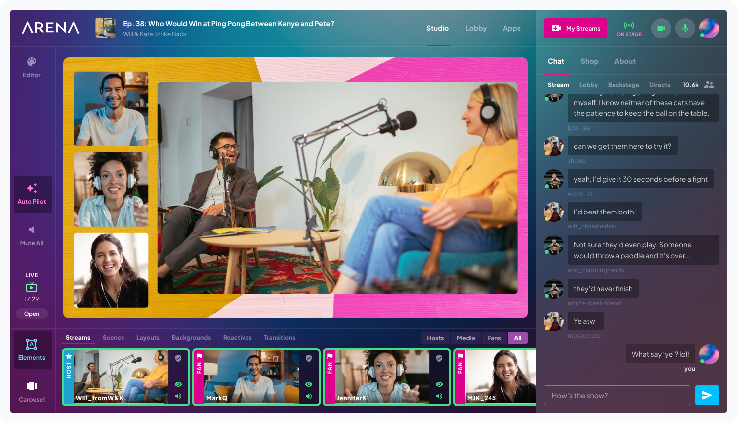 Interactive studio view of live podcast and guests.